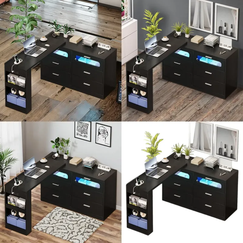 Home Office L Shaped Desk - โต๊ะทำงานรูปตัว L พร้อมเต้าเสียบไฟฟ้า ลิ้นชักเก็บของ โต๊ะคอมพิวเตอร์สำหรับโฮมออฟฟิศแบบเรียบง่าย พร้อมแท่นหมุนได้
