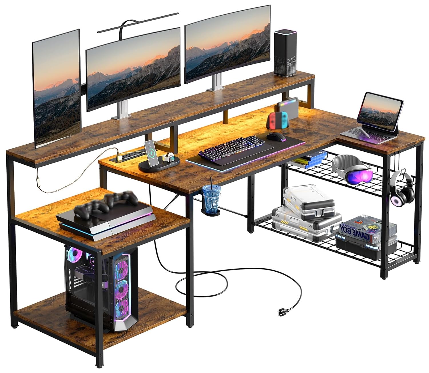 Home Office L Shaped Desk - โต๊ะคอมพิวเตอร์ขนาด 71.5 นิ้ว พร้อมปลั๊กไฟ โต๊ะทำงานรูปตัว L