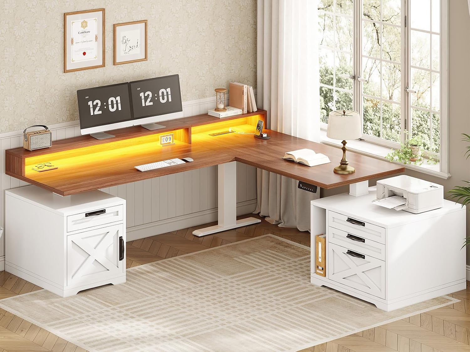 Home Office L Shaped Desk - โต๊ะทำงานทรงตัว L ปรับระดับความสูงได้ พร้อมลิ้นชัก ปลั๊กไฟ ที่วางจอภาพ