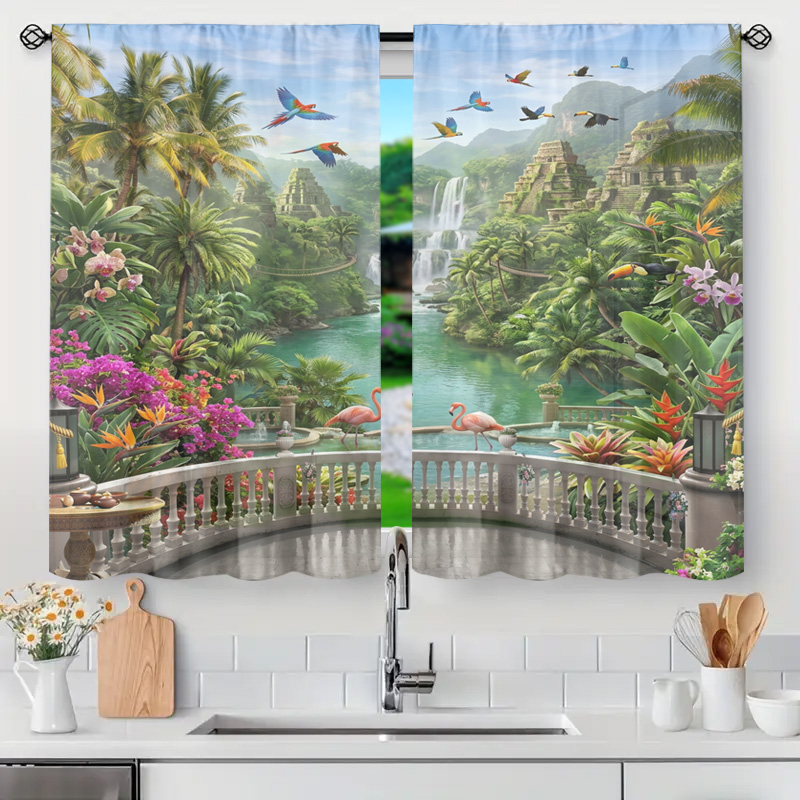 Home Office Bali - ม่านโปร่งลายวิวน้ำตกในป่าเขตร้อนสีสันสดใส ตกแต่งหน้าต่างสไตล์บาหลี พาราไดซ์ รีสอร์ท สำหรับตกแต่งบ้าน
