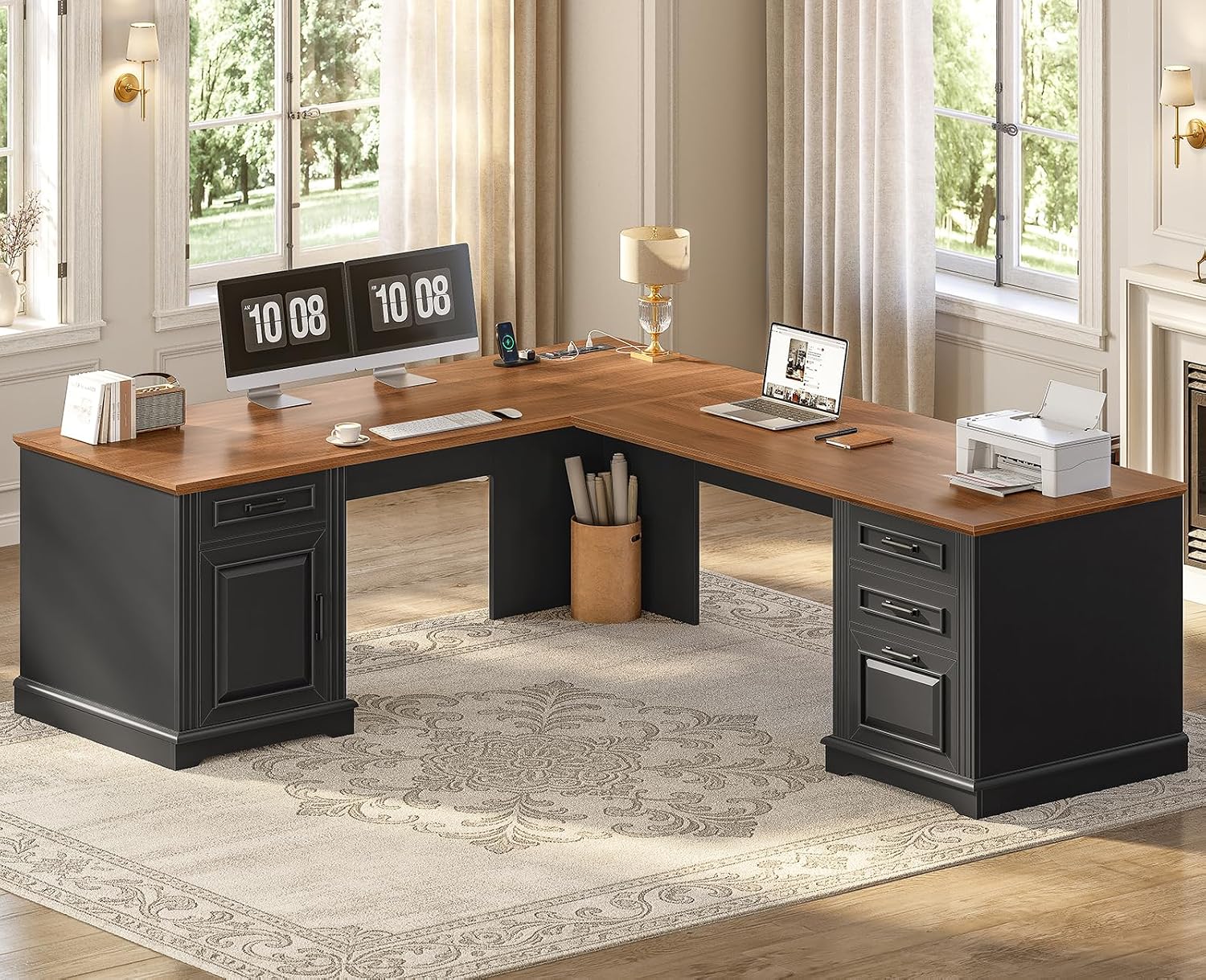 Home Office L Shaped Desk - โต๊ะทำงานผู้บริหารรูปตัว L พร้อมลิ้นชัก ตู้เก็บของ และเต้าเสียบไฟฟ้า, โต๊ะคอมพิวเตอร์เข้ามุมสำหรับโฮมออฟฟิศ