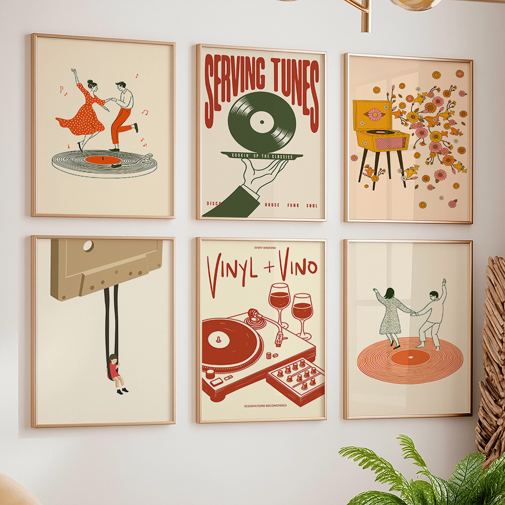 Home Office Youtube - โปสเตอร์ผ้าใบลายดนตรีวินเทจ 1 ชิ้น ไม่มีกรอบ ลายเครื่องเล่นแผ่นเสียง คาสเซ็ต