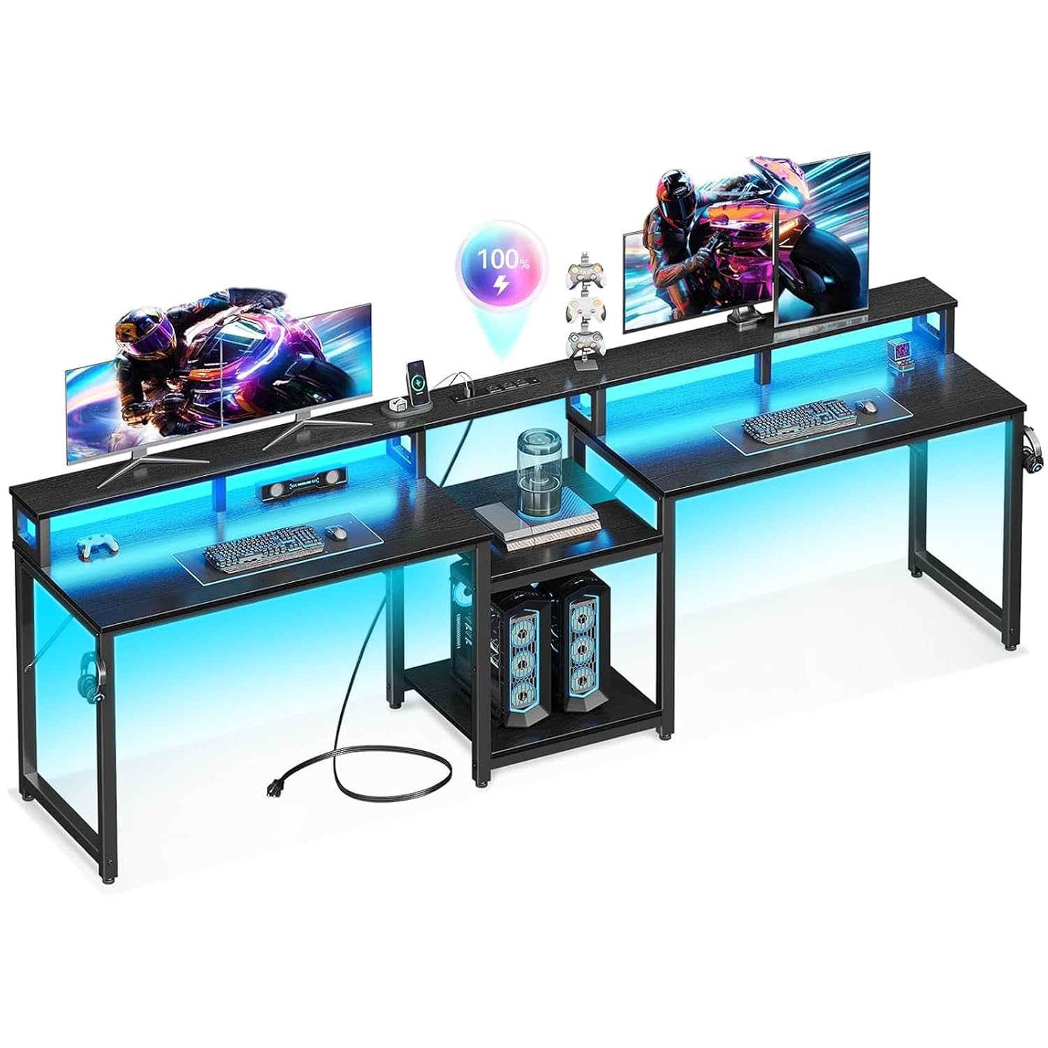 Home Office L Shaped Desk - โต๊ะเกมมิ่งสำหรับ 2 คน พร้อมไฟ LED, ปลั๊กไฟ,