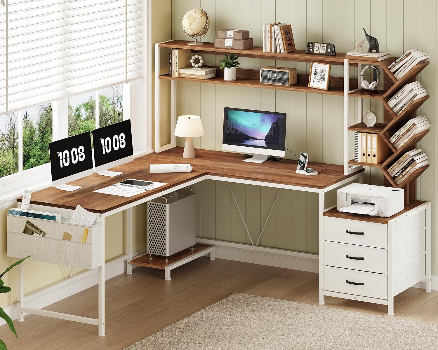 Home Office L Shaped Desk - โต๊ะทำงานรูปตัว L ขนาด 63 นิ้ว พร้อมชั้นวางหนังสือ