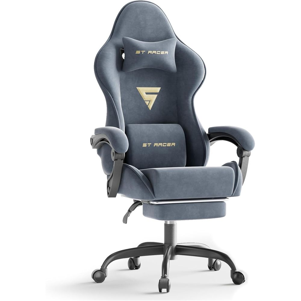 Home Office Chair - เก้าอี้เกมมิ่งตามหลักสรีรศาสตร์พร้อมที่วางเท้าและระบบนวด พนักพิงสูงปรับเอนได้สำหรับเกมเมอร์ เหมาะสำหรับใช้ในบ้านหรือสำนักงาน (สีเทา)