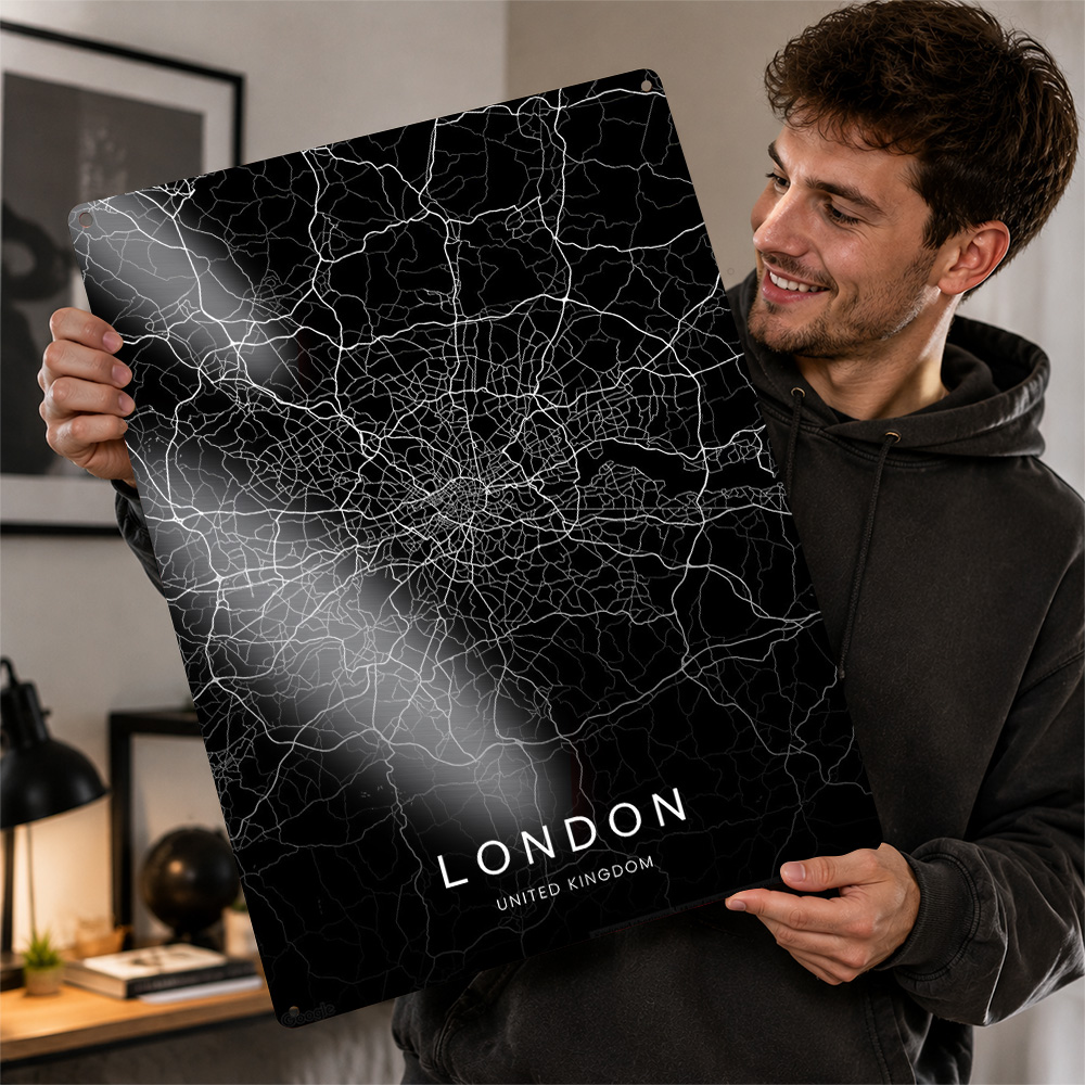 Home Office United Kingdom - ป้ายโลหะพิมพ์ลายลอนดอน สหราชอาณาจักร ออกแบบเฉพาะสำหรับตกแต่งผนัง ลายแผนผังเครือข่ายเมือง เหมาะสำหรับพื้นที่ทำงานและโฮมออฟฟิศ