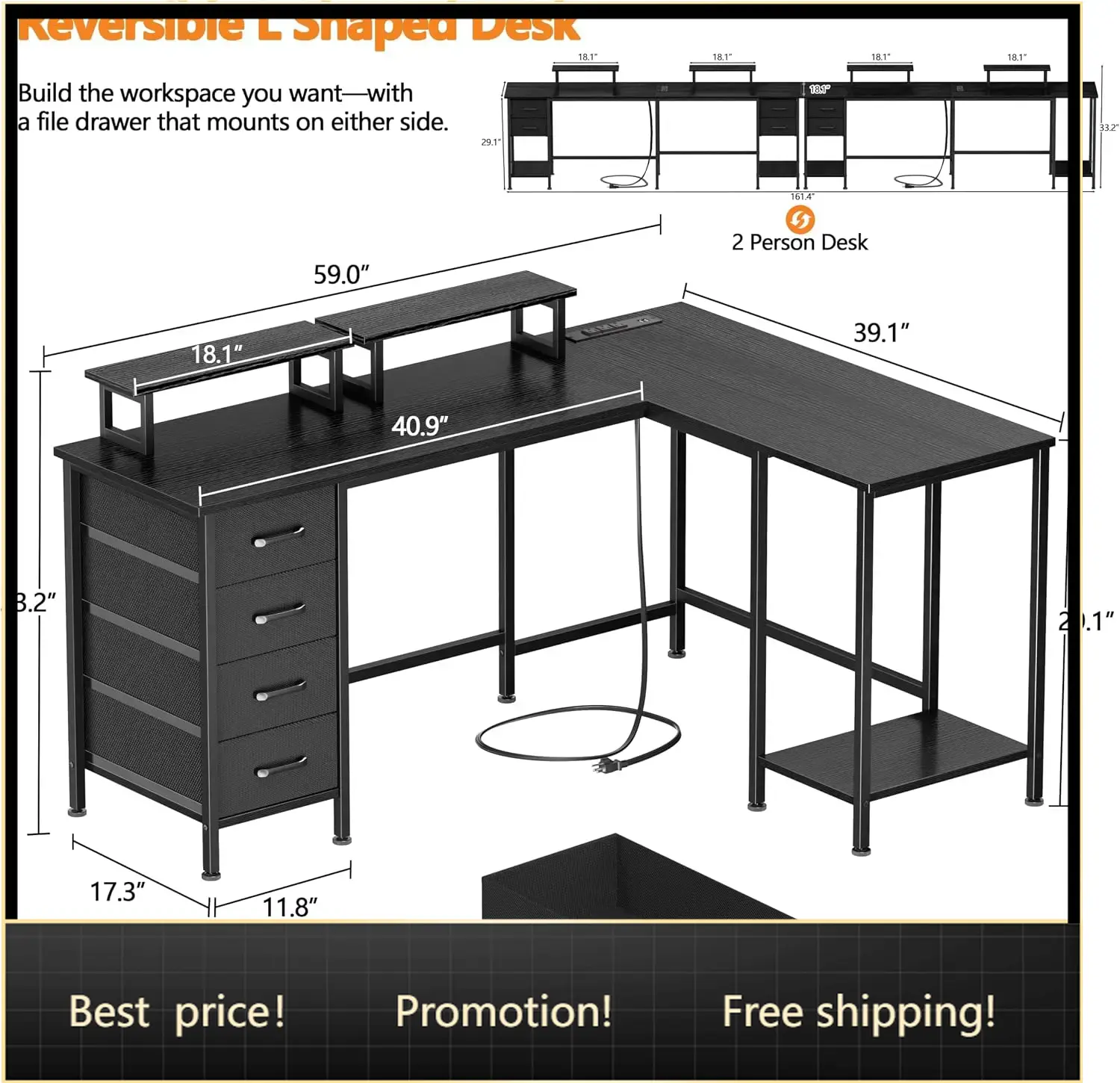 โต๊ะคอมพิวเตอร์รูปตัว L ขนาด 5 - Home Office L Shaped Desk บทวิจารณ์และราคา