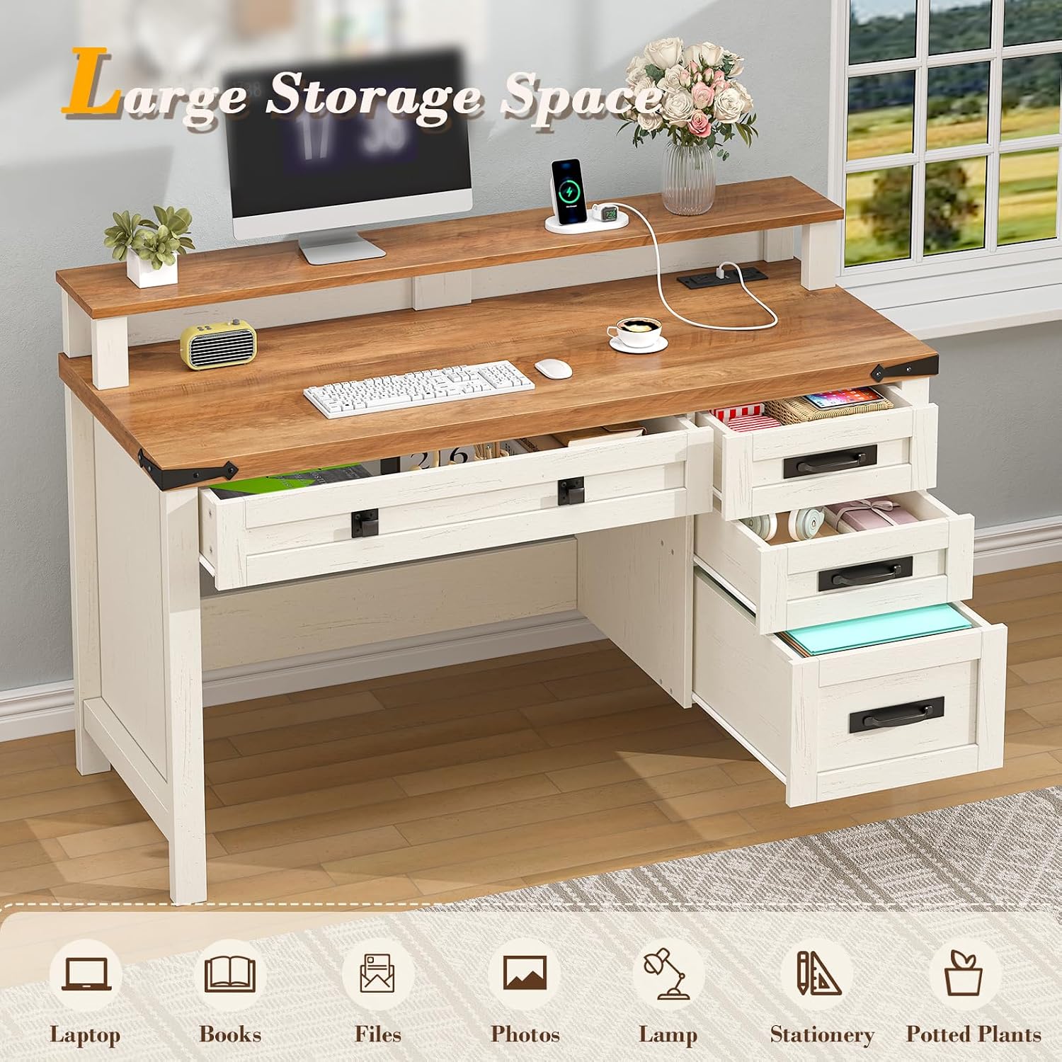 โต๊ะคอมพิวเตอร์สไตล์ฟาร์มเฮาส์ - Home Office L Shaped Desk บทวิจารณ์และราคา